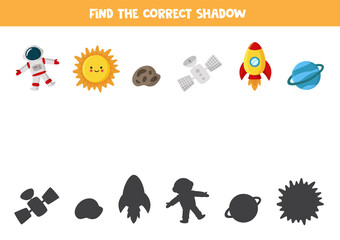 Find the right shadow of astronaut, sun, rocket, satellite, Uranus and asteroid.