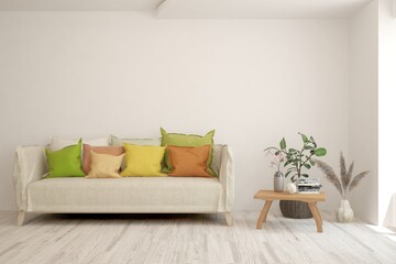 White living room with colorful sofa. Scandinavian interior design. 3D illustration