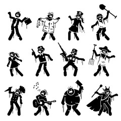 Zombie infected undead character designs. Vector illustration of businessman, doctor, nurse, construction worker, sexy girl, police, soldier, farmer, chef, rock star, fat man, and king become zombie.