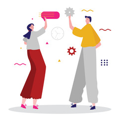 women hold gear bubble talk with cartoon flat style
