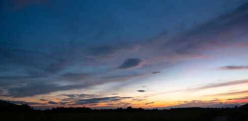 Colorful sunset and sunrise with clouds.Blue and orange color of nature.Many white clouds in the blue sky.The weather is clear today.sunset in the clouds.The sky is twilight