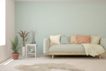 White living room with sofa. Scandinavian interior design. 3D illustration