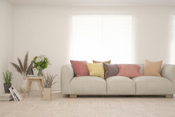 White living room with sofa. Scandinavian interior design. 3D illustration
