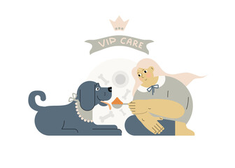 Dogsitter girl sits feeds a big dog with a spoon