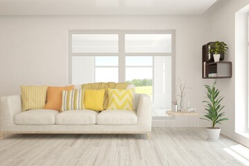 White living room with sofa. Scandinavian interior design. 3D illustration