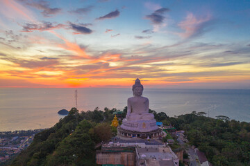 aerial photography scenery sunset at Phuket big Buddha. Phuket Big Buddha is one of the island most .important and revered landmarks on Phuket island. © Narong Niemhom