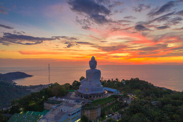 aerial photography scenery sunset at Phuket big Buddha. Phuket Big Buddha is one of the island most .important and revered landmarks on Phuket island.