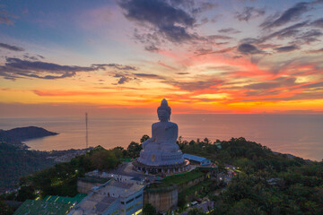 aerial photography scenery sunset at Phuket big Buddha. Phuket Big Buddha is one of the island most .important and revered landmarks on Phuket island. © Narong Niemhom
