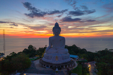 aerial photography scenery sunset at Phuket big Buddha. Phuket Big Buddha is one of the island most .important and revered landmarks on Phuket island. © Narong Niemhom