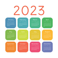 Calendar 2023 year. English colorful vector square pocket or wall calender template. Kids colors. Trendy design. Week starts on Sunday