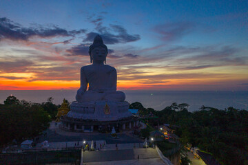aerial photography scenery sunset at Phuket big Buddha. Phuket Big Buddha is one of the island most .important and revered landmarks on Phuket island. © Narong Niemhom