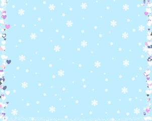 Snowflakes fall on Valentine's Day with a small heart next to it. on blue background.