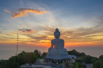 aerial photography scenery sunset at Phuket big Buddha. Phuket Big Buddha is one of the island most .important and revered landmarks on Phuket island. © Narong Niemhom