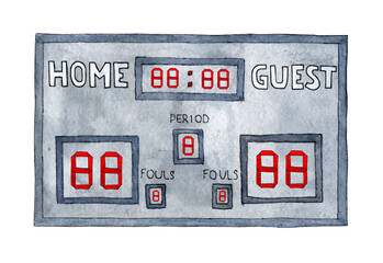 Watercolor sketch scoreboard for sports games. Stadium electronic sports scoreboard with time and match results. Isolated on white background.