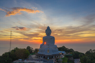 aerial photography scenery sunset at Phuket big Buddha. Phuket Big Buddha is one of the island most .important and revered landmarks on Phuket island. © Narong Niemhom