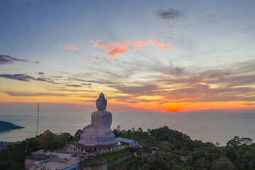 aerial photography scenery sunset at Phuket big Buddha. Phuket Big Buddha is one of the island most .important and revered landmarks on Phuket island. © Narong Niemhom