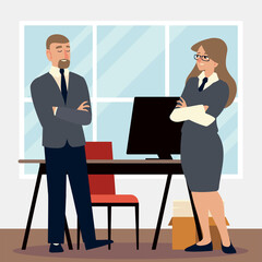 business people, businessman and woman in office with desk and computer