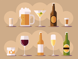 set icons with wine champagne beer botlles, cups with drinks