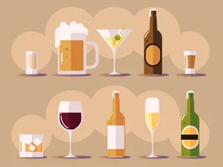 Fotobehang stel pictogrammen in met wijn champagne bierflessen, kopjes met drankjes © djvstock