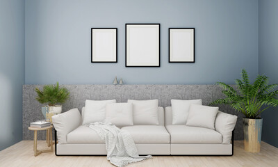 A group of mock up poster frame in modern interior wall top of couch with some tree, living room, 3D render, 3D illustration. Light color background.