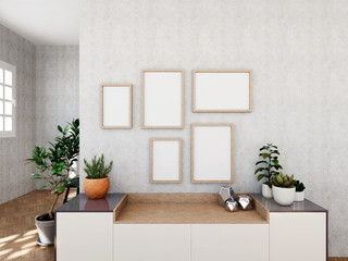 A group of mock up poster frame in modern interior wall background with some tree, living room, 3D render, 3D illustration.
