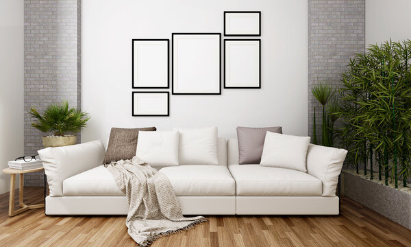A group of mock up poster frame in modern interior wall top of couch background with some tree, living room, 3D render, 3D illustration.