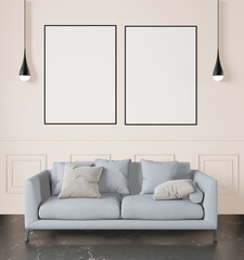 A couple of mock up poster frame in modern interior background behind of couch in living room hanging roof lamp, 3D render, 3D illustration