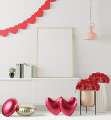 A mock up poster frame in modern interior background top of the table in living room with love shape baloon valentine decoration, 3D render, 3D illustration