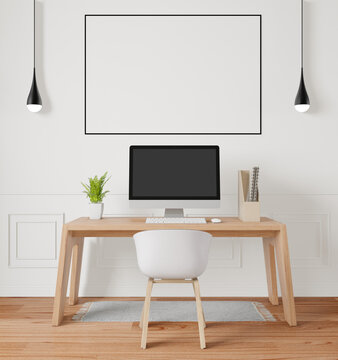A mock up poster frame in modern interior background behind of working table in living room with trees, 3D render, 3D illustration