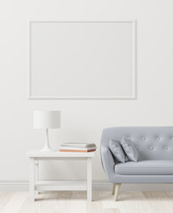 A mock up poster frame in modern interior backgroundin living room with some trees, 3D render, 3D illustration