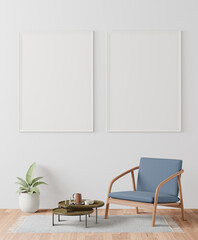 A couple of mock up poster frame in modern interior background in living room with some trees, 3D render, 3D illustration