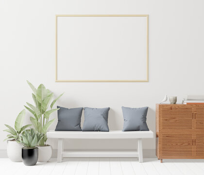 A mock up poster frame in modern interior background top of couch in living room with some trees, 3D render, 3D illustration