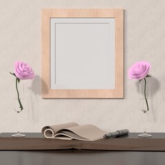 A mock up poster frame in modern interior background in living room with some flowers, 3D render, 3D illustration
