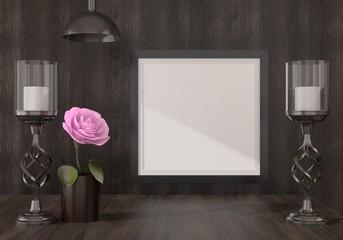 A mock up poster frame in modern interior background  in living room with flower, 3D render, 3D illustration