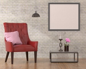 A mock up poster frame in modern interior background  in living room beside chair with flower, 3D render, 3D illustration