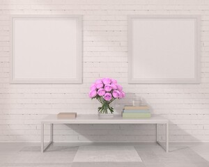 A couple of mock up poster frame in modern interior background  in living room with flowers, 3D render, 3D illustration