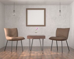 A mock up poster frame in modern interior background in living room behind of chair with flower, 3D render, 3D illustration