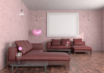 A mock up poster frame in modern interior background in living room behind of couch with some flowers, 3D render, 3D illustration