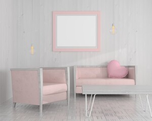 A mock up poster frame in modern interior background in living room behind of couch , 3D render, 3D illustration