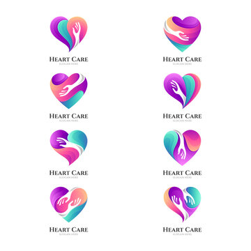 Love care logo collection. Set of heart with hand shape logo vector ready for use
