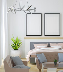 A couple of mock up poster frame in modern interior background top of bed in living room with some trees corner of room , 3D render, 3D illustration