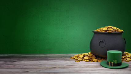 St. Patrick's Day. Green Leprechaun Hat with Clover and Treasure pot full of gold coins. Green background and wooden table. 3d render
