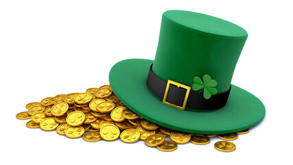 St. Patrick's Day. Green Leprechaun Hat with Clover and a lot of gold coins. isolated on white background. 3d render.