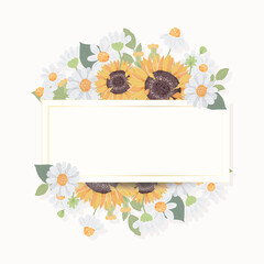 hand draw cute sunflower bouquet wreath with golden frame for banner or logo