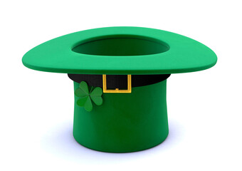 St. Patrick's Day. Green Leprechaun Hat with Clover Inverted upside down. isolated on white background. 3d render.