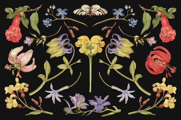 Wild flower blossom vector illustration hand drawn set, remix from The Model Book of Calligraphy Joris Hoefnagel and Georg Bocskay