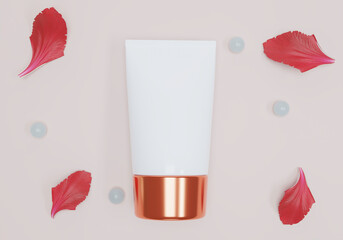 A mock up of realistic blank cosmetic tube isolated on light pink floral background, 3d rendering , 3D illustration