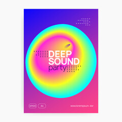 Music poster. Bright house concert magazine layout. Electronic sound. Night dance lifestyle holiday. Fluid holographic gradient shape and line. Summer fest flyer and music poster.