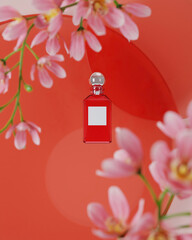 A mock up of blank realistic transparent glass spray bottle isolated on light red background, 3d rendering , 3D illustration