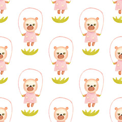 A little bear jumping on a rope. Seamless pattern with white background. The illustration is hand-drawn in watercolour. It can be used for children's fabrics, packaging paper, pictures, covers.